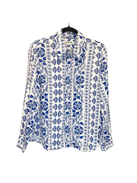 Boden Tops - Boden Sienna Blue & White Floral Print Linen Long Sleeve Button Down Shirt - 12